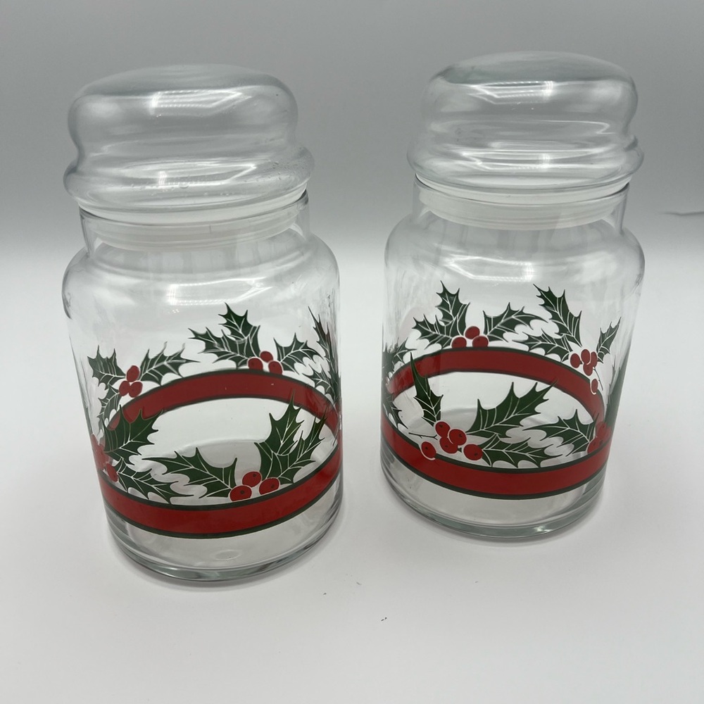Libbey Holly Berry Leaves Christmas Glass Jar Canister with Lid Vintage Set Of 2